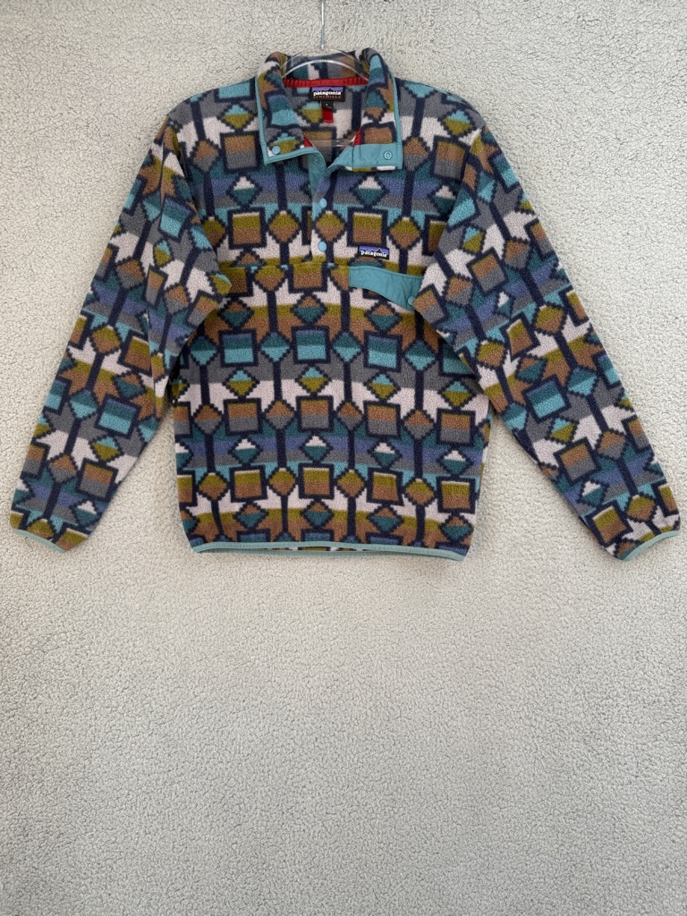 Patagonia Synchilla Men’s Small Geometric print button up fleece jacket Teal